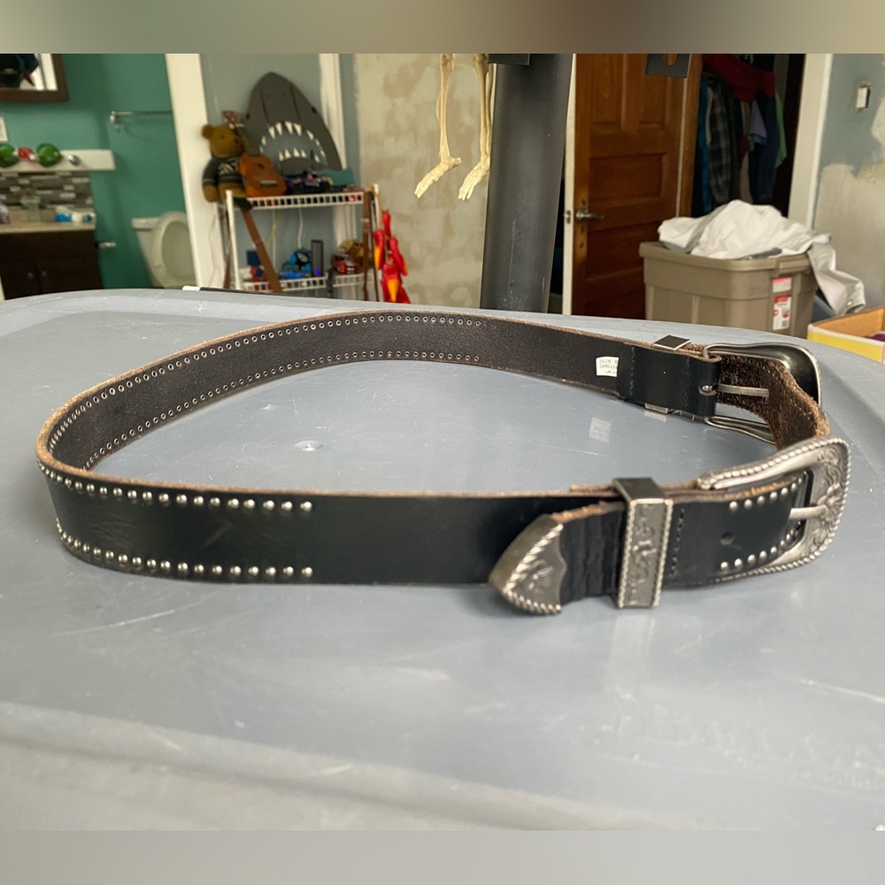 Double Buckle Cowgirl American Eagle Black Leather Belt 38” Long - Picture 6 of 8